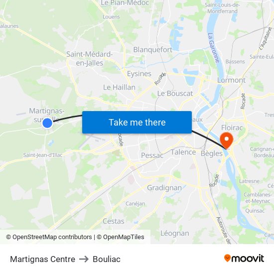 Martignas Centre to Bouliac map