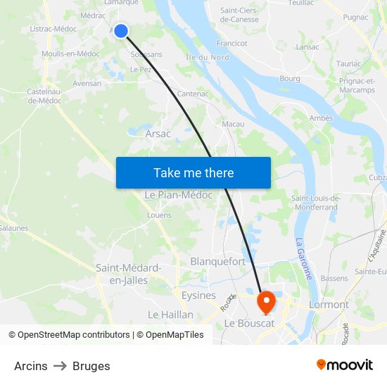 Arcins to Bruges map