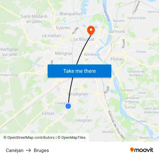 Canéjan to Bruges map