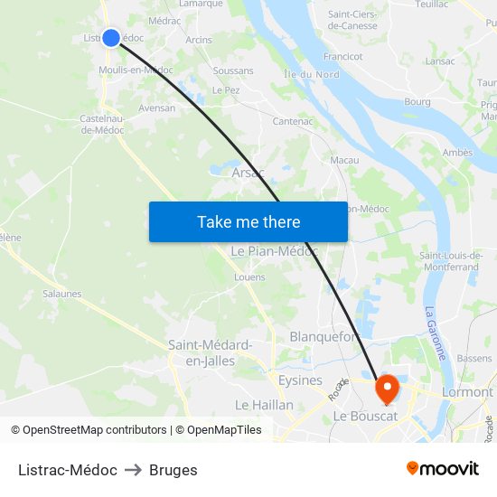 Listrac-Médoc to Bruges map