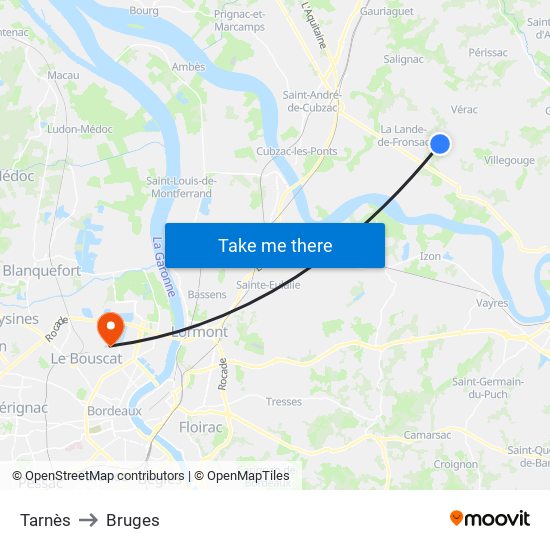 Tarnès to Bruges map