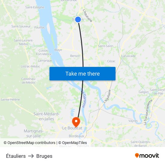 Étauliers to Bruges map