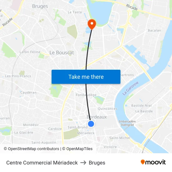 Centre Commercial Mériadeck to Bruges map