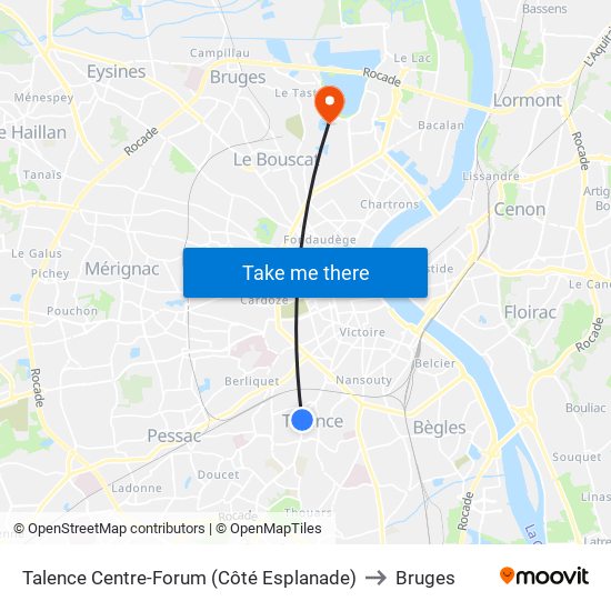 Talence Centre-Forum (Côté Esplanade) to Bruges map