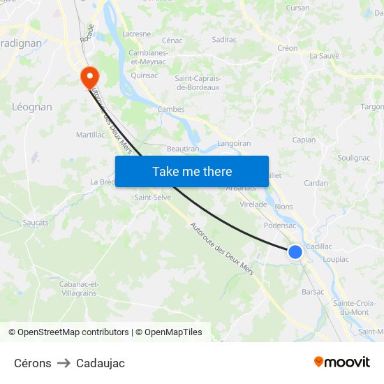 Cérons to Cadaujac map