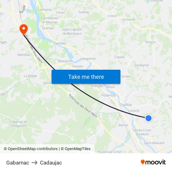 Gabarnac to Cadaujac map