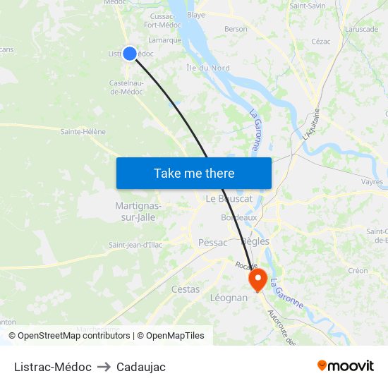 Listrac-Médoc to Cadaujac map