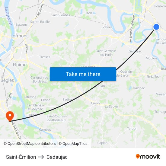 Saint-Émilion to Cadaujac map