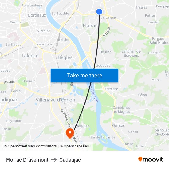 Floirac Dravemont to Cadaujac map