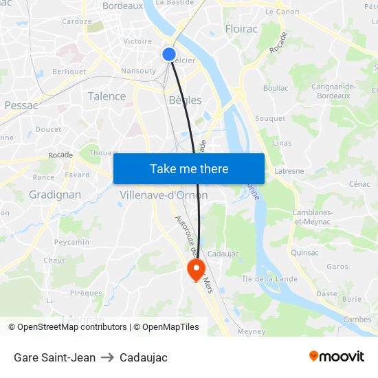 Gare Saint-Jean to Cadaujac map