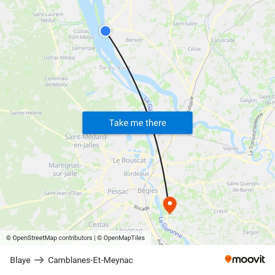 Blaye to Camblanes-Et-Meynac map