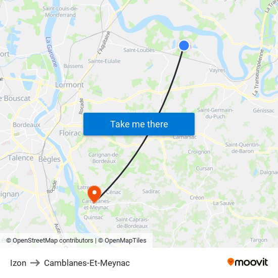 Izon to Camblanes-Et-Meynac map