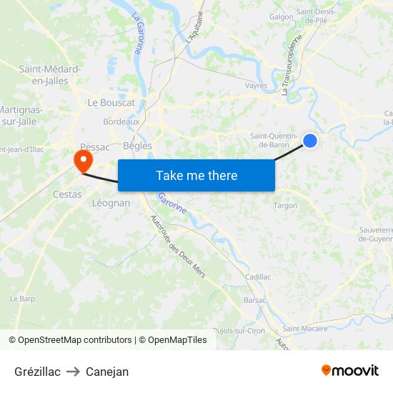 Grézillac to Canejan map