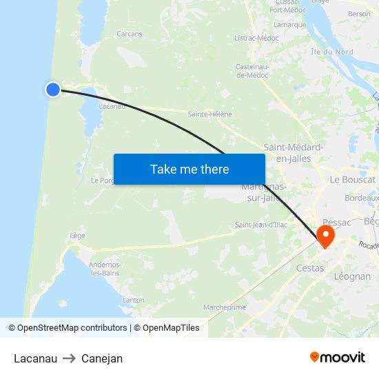 Lacanau to Canejan map