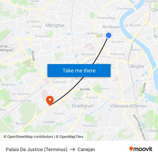 Palais De Justice (Terminus) to Canejan map