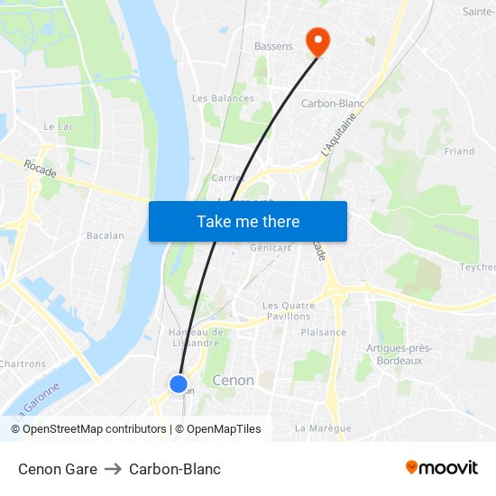 Cenon Gare to Carbon-Blanc map