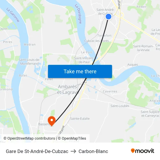 Gare De St-André-De-Cubzac to Carbon-Blanc map