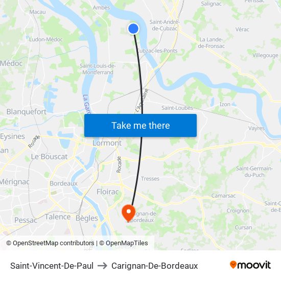 Saint-Vincent-De-Paul to Carignan-De-Bordeaux map