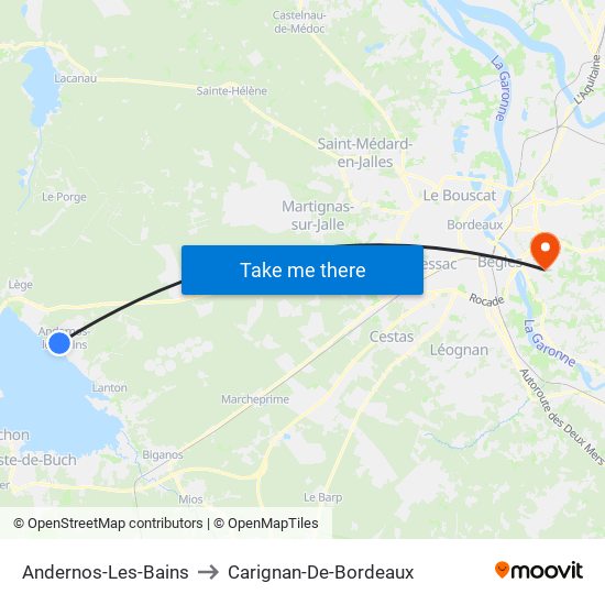 Andernos-Les-Bains to Carignan-De-Bordeaux map