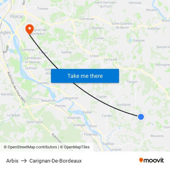 Arbis to Carignan-De-Bordeaux map