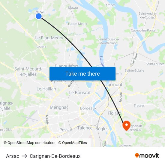 Arsac to Carignan-De-Bordeaux map
