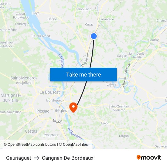 Gauriaguet to Carignan-De-Bordeaux map