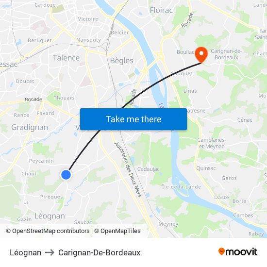 Léognan to Carignan-De-Bordeaux map