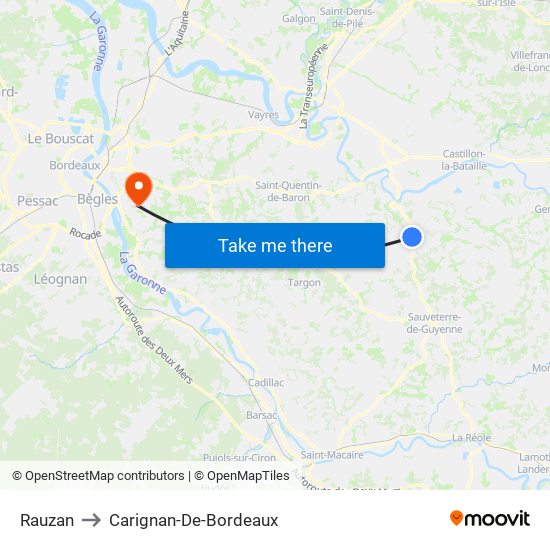 Rauzan to Carignan-De-Bordeaux map