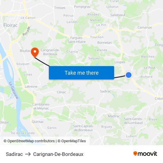 Sadirac to Carignan-De-Bordeaux map