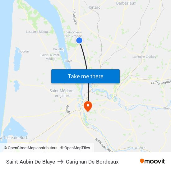 Saint-Aubin-De-Blaye to Carignan-De-Bordeaux map