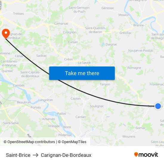 Saint-Brice to Carignan-De-Bordeaux map