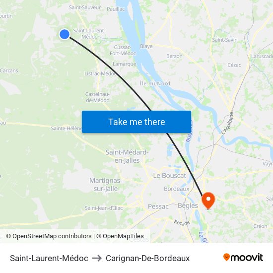 Saint-Laurent-Médoc to Carignan-De-Bordeaux map