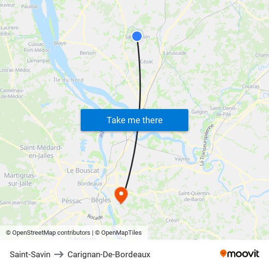 Saint-Savin to Carignan-De-Bordeaux map