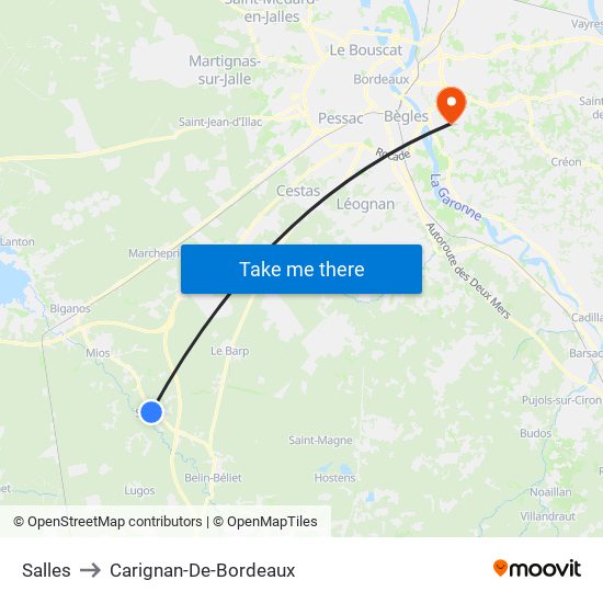 Salles to Carignan-De-Bordeaux map