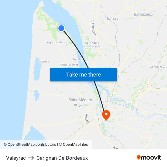 Valeyrac to Carignan-De-Bordeaux map