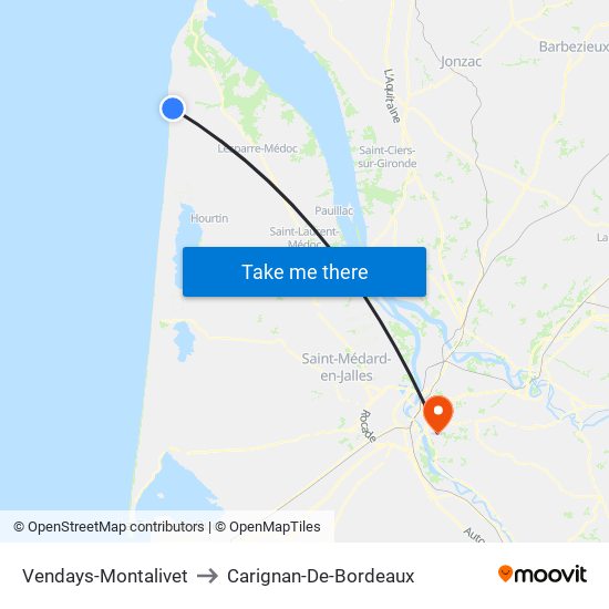 Vendays-Montalivet to Carignan-De-Bordeaux map