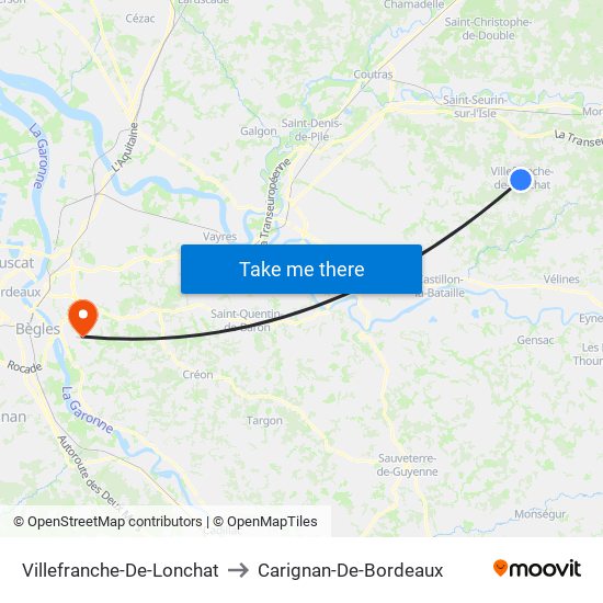 Villefranche-De-Lonchat to Carignan-De-Bordeaux map