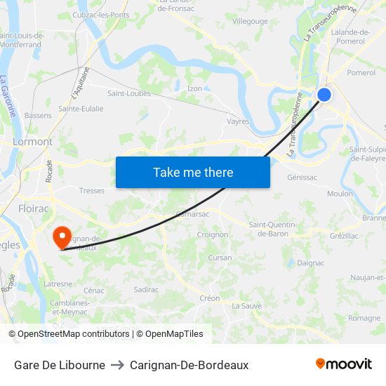 Gare De Libourne to Carignan-De-Bordeaux map