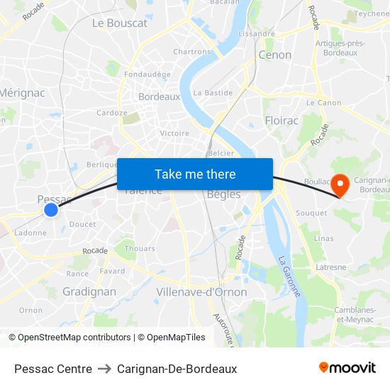 Pessac Centre to Carignan-De-Bordeaux map