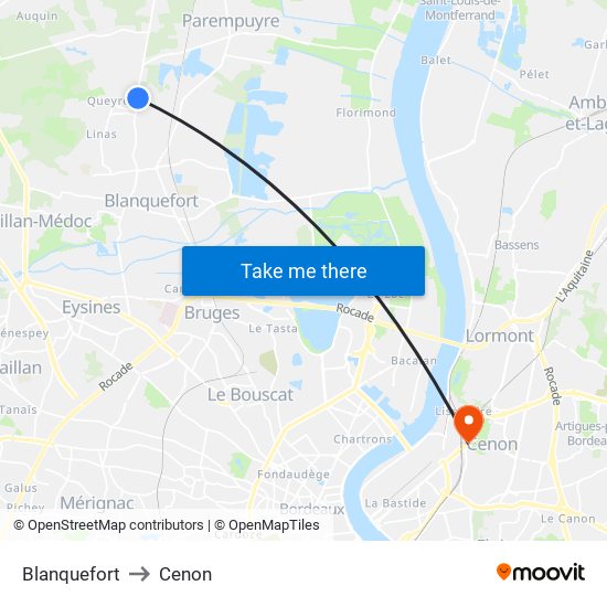 Blanquefort to Cenon map
