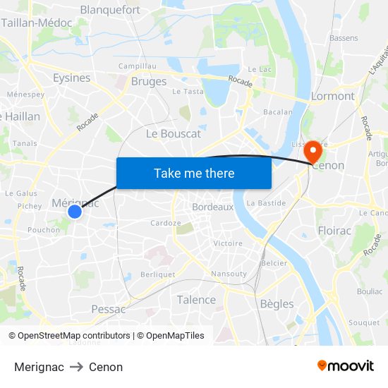 Merignac to Cenon map