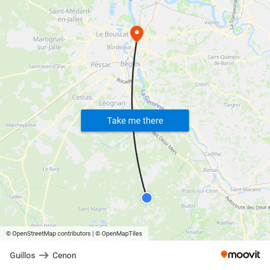 Guillos to Cenon map