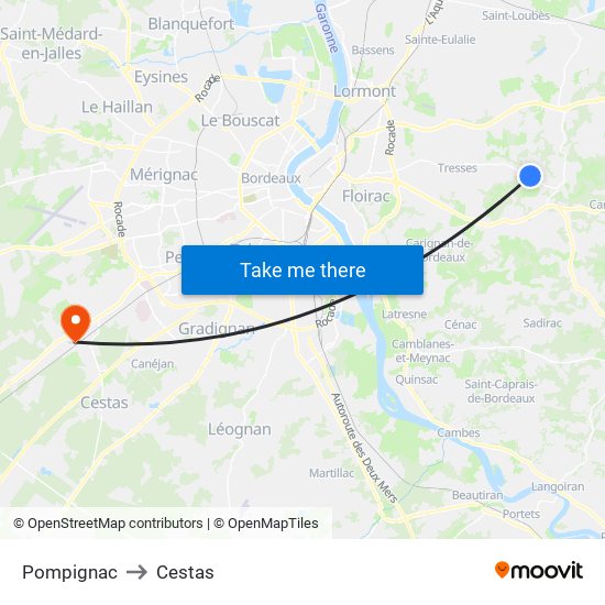 Pompignac to Cestas map
