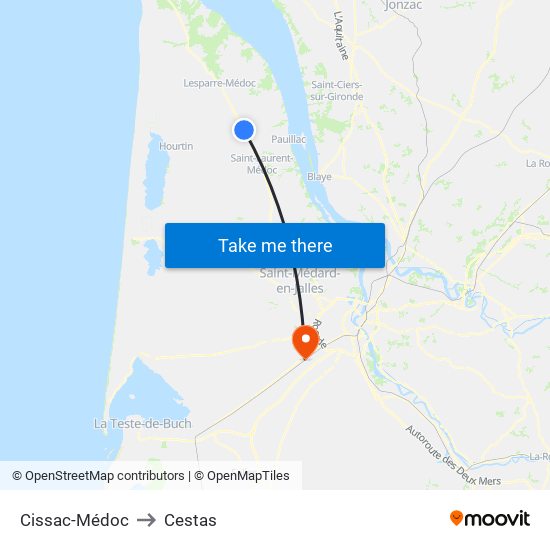 Cissac-Médoc to Cestas map