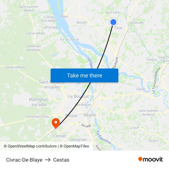 Civrac-De-Blaye to Cestas map