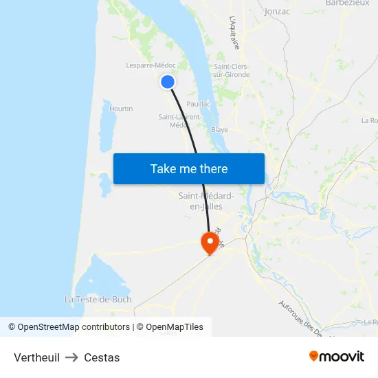 Vertheuil to Cestas map