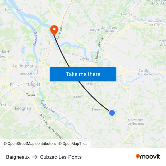 Baigneaux to Cubzac-Les-Ponts map