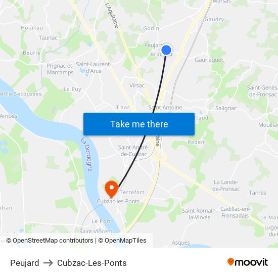 Peujard to Cubzac-Les-Ponts map