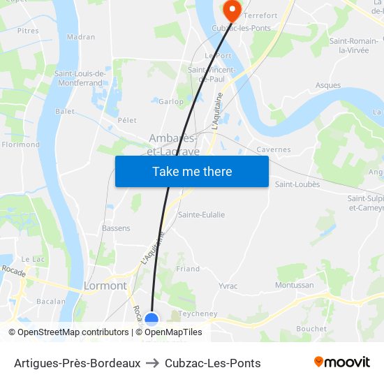 Artigues-Près-Bordeaux to Cubzac-Les-Ponts map