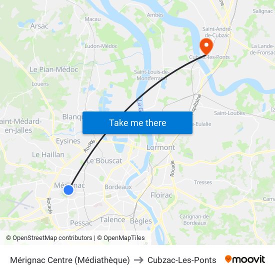 Mérignac Centre (Médiathèque) to Cubzac-Les-Ponts map